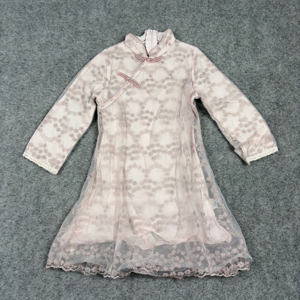 Unbranded Cheongsam Qipao Dress Girls Pink‎ Lace Sheer Floral Frog Closure 100